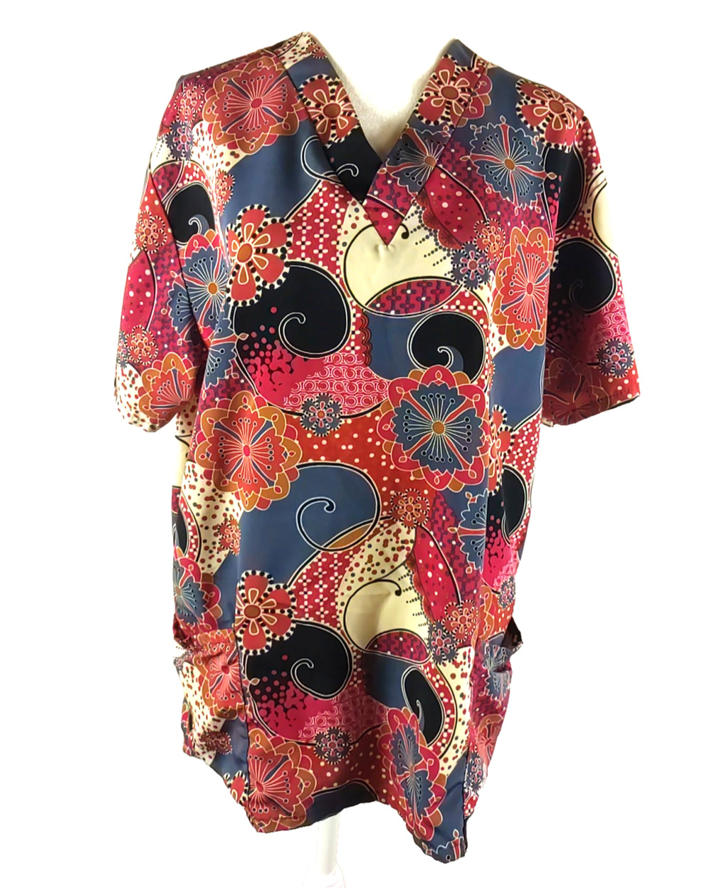 Silky Scrubs Women's Scrub Top Size Medium Red Gray Floral Print